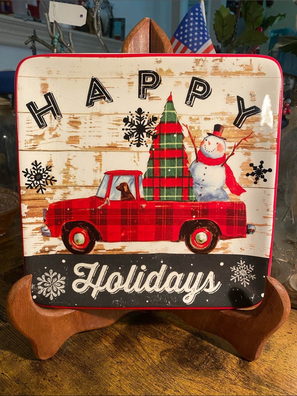 Red Plaid Truck Happy Holiday plate - Happy Holidays